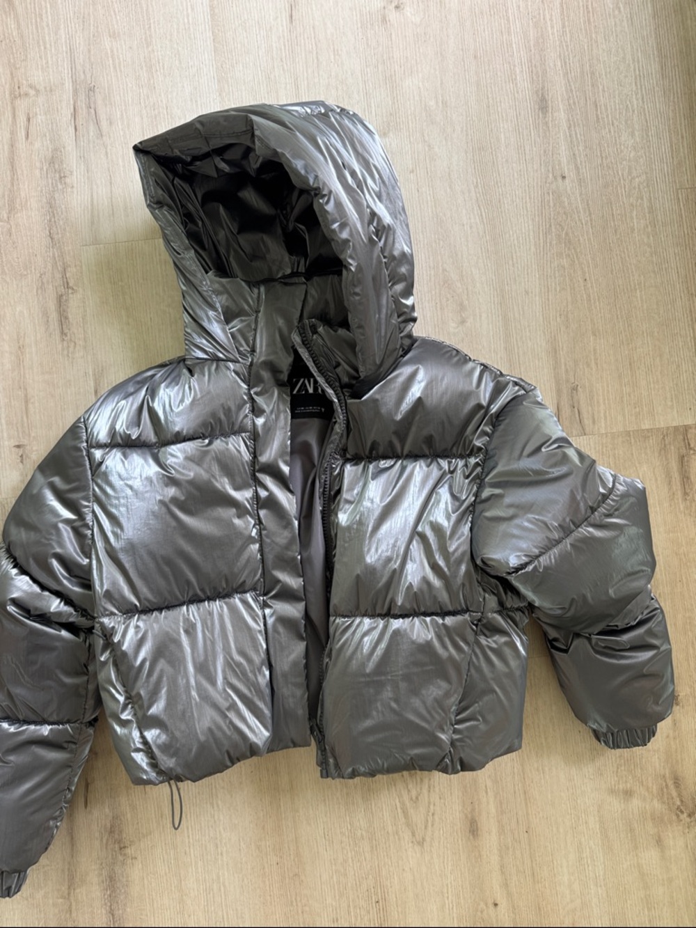 Zara Shiny Silver Hooded Puffer Jacket